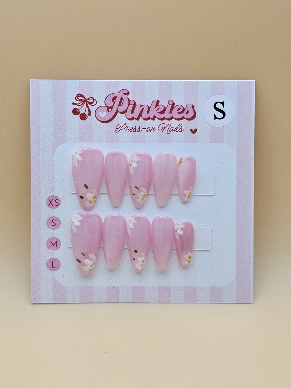 Press-on Nails Set 10pc Size S Almond Pink Rose Shimmer Cateye White Flowers